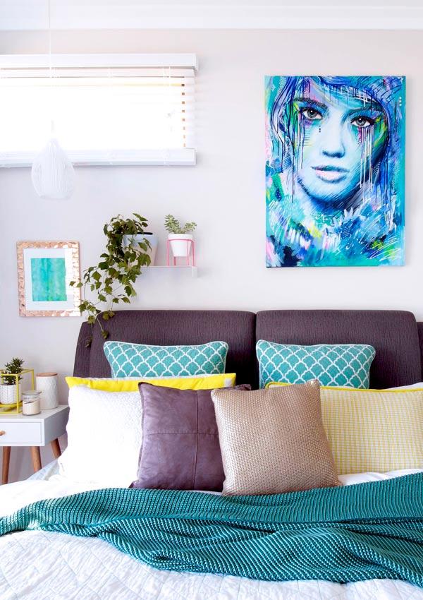 "Big Girls Don't Cry" colourful female abstract portrait original artwork by Australian artist Kate Fisher hanging on the wall in modern master bedroom with adairs and kmart items.