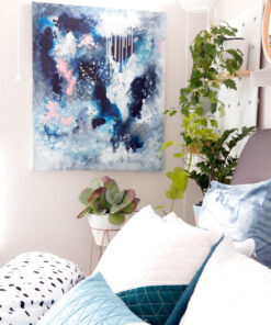 "Dance in the Rain" original abstract artwork in moody blues and grey by Australian artist Kate Fisher styled in modern master bedroom interior with adairs bedding.