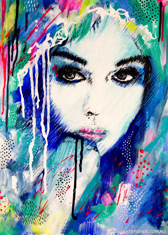 "It's a Man's World" Colourful semi-abstract female portrait by Australian artist Kate Fisher.