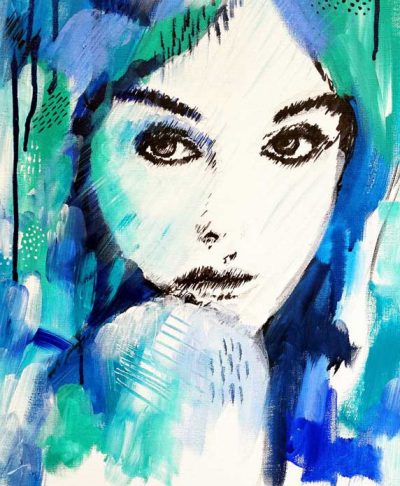 "It's a Man's World" female portrait wall art print in blue and green by Australian artist Kate Fisher.