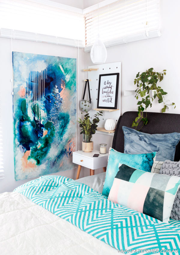 "Phtalo Atmosphere II" original acrylic on canvas abstract artwork in blue and green by Australian artist Kate Fisher. Artwork styled in modern master bedroom with adairs bedding and kmart items.