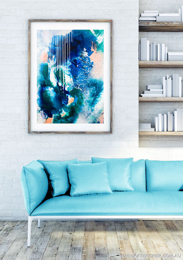 "Phthalo Atmosphere II" abstract wall art print in blue and green by Australian artist Kate Fisher. Artwork styled in IKEA frame in a modern living room interior.