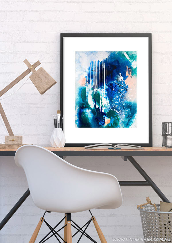 "Phthalo Atmosphere II" abstract wall art print in blue and green by Australian artist Kate Fisher. Artwork styled in IKEA frame in a modern scandi home office interior.