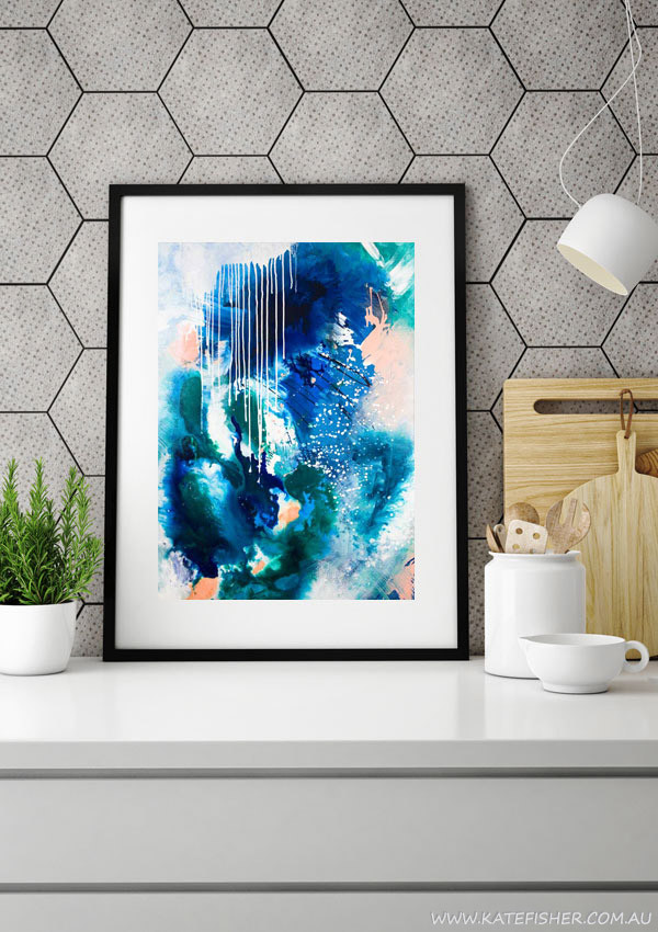 "Phthalo Atmosphere II" navy blue, green and turquoise abstract wall art print by Australian artist Kate Fisher. Styled in modern grey scandi kitchen.