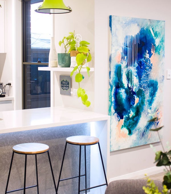 "Phtalo Atmosphere II" navy blue, green and turquoise original acrylic on canvas abstract artwork by Australian artist Kate Fisher. Styled in modern scandi living room with Kmart stools and accessories.