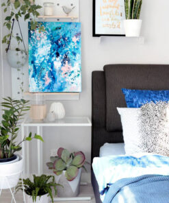"When Snow Falls" original abstract artwork in blues by Australian artist Kate Fisher. Styled in master bedroom with adairs bedding, kmart pegboard and indoor plants.