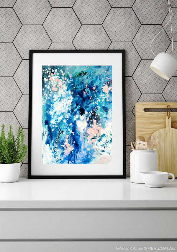 "When Snow Falls" abstract wall art print in blues and blush by Australian artist Kate Fisher. Styled in modern grey scandi kitchen.