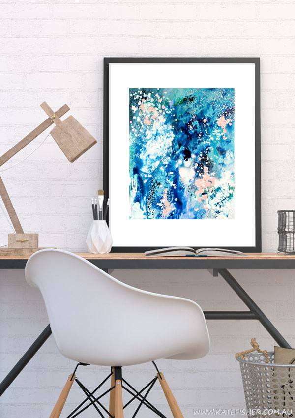 "When Snow Falls" abstract wall art print in blues and blush by Australian artist Kate Fisher. Artwork styled in IKEA frame in a modern scandi home office interior.