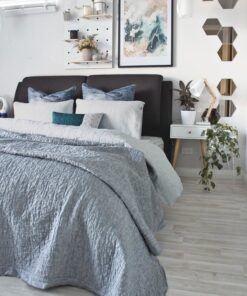 "Nordic Sky - Prelude" abstract wall art print by artist kate fisher styled in scandi master bedroom
