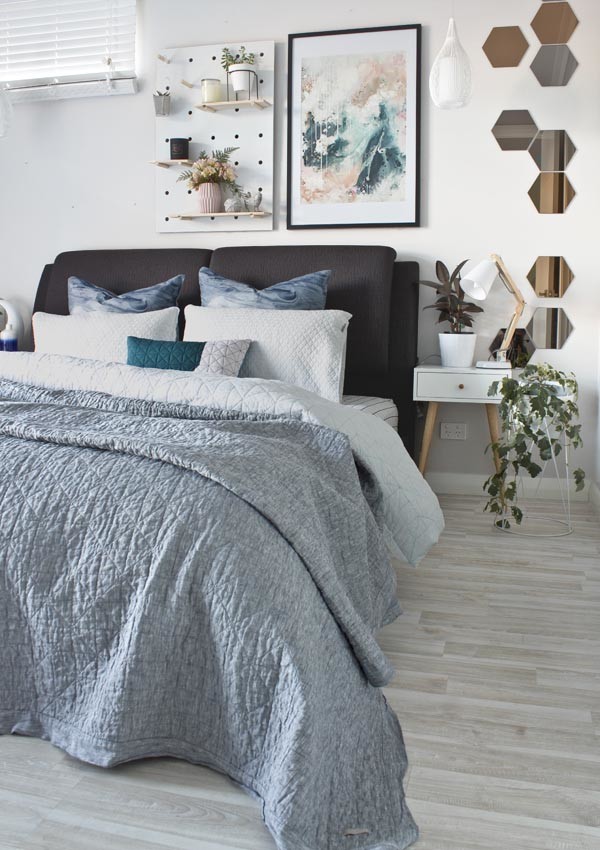 "Nordic Sky - Prelude" abstract wall art print by artist kate fisher styled in scandi master bedroom