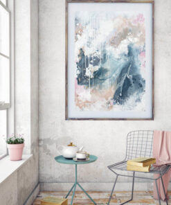 "Nordic Sky_Prelude" abstract wall art print in soft pastel neutral colours of copper, grey blue and blush by Australian artist Kate Fisher. Styled in modern living room.