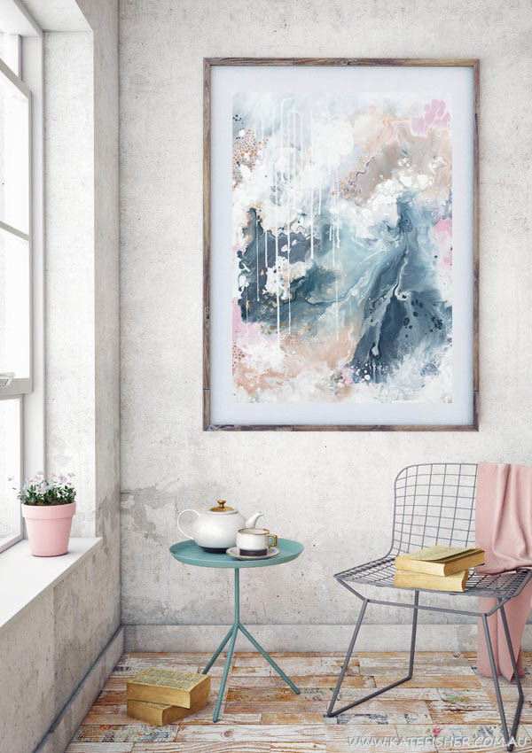 "Nordic Sky_Prelude" abstract wall art print in soft pastel neutral colours of copper, grey blue and blush by Australian artist Kate Fisher. Styled in modern living room.