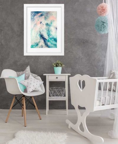 "On My Way" abstract wall art print in blues and blush pastel pink by australian artist Kate Fisher. Styled in modern girl's baby nursery.