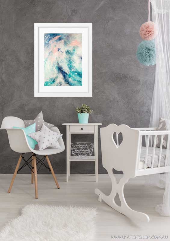 "On My Way" abstract wall art print in blues and blush pastel pink by australian artist Kate Fisher. Styled in modern girl's baby nursery.
