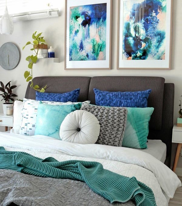 Phthalo I & II abstract art wall prints Kate Fisher artist in modern interior bedroom