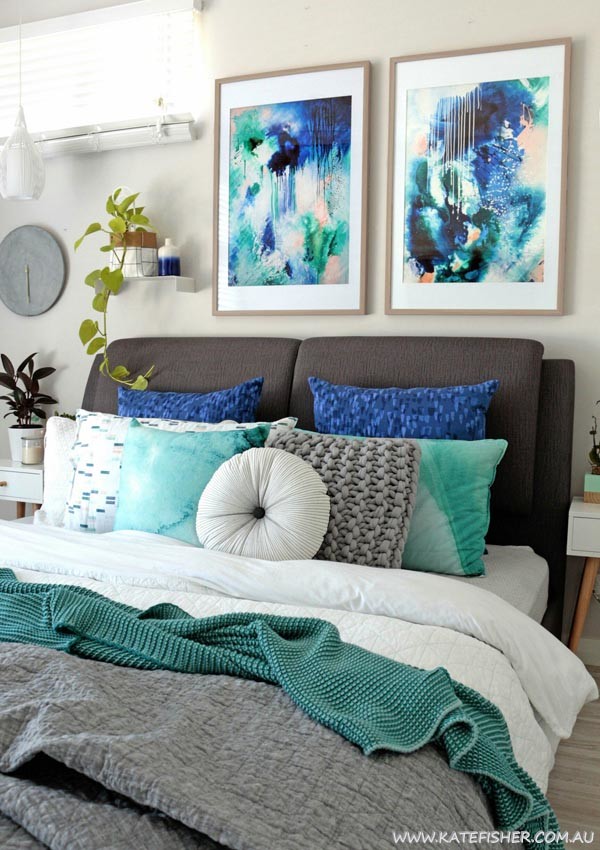 Phthalo I & II abstract art wall prints Kate Fisher artist in modern interior bedroom