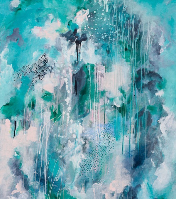 Halcyon abstract original artwork in indigo denim blues, green and pastel pink by Kate Fisher