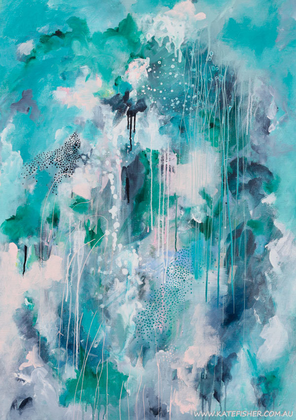 Halcyon abstract original artwork in indigo denim blues, green and pastel pink by Kate Fisher
