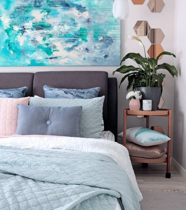 Contemporary bedroom styling in grey, sage and blue with adairs bedding and Kate Fisher original art painting "Halcyon"