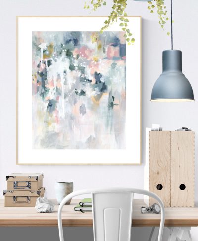 Wall art print in pastel blues and greys in Scandinavian home office interior. "Sage For Days II" by Kate Fisher.