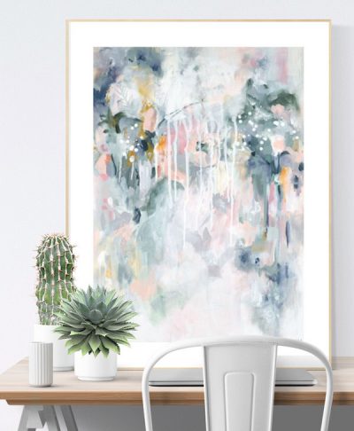 Wall art print in pastel blues and greys in Scandinavian home office interior. 