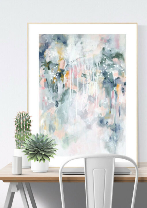 Wall art print in pastel blues and greys in Scandinavian home office interior. "Sage For Days I" by Kate Fisher.