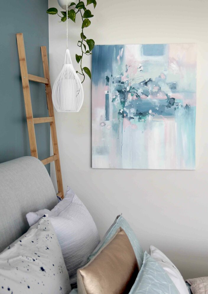 Skyfall abstract art on bedroom wall by Australian artist Kate Fisher