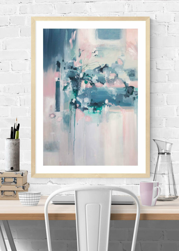 "Skyfall" pink and blue abstract art print by Kate Fisher art