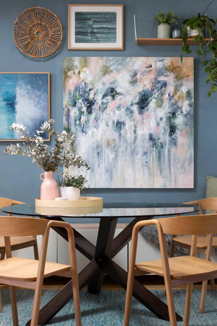 Sage For Days III original abstract art styled in dining room by australian artist kate fisher