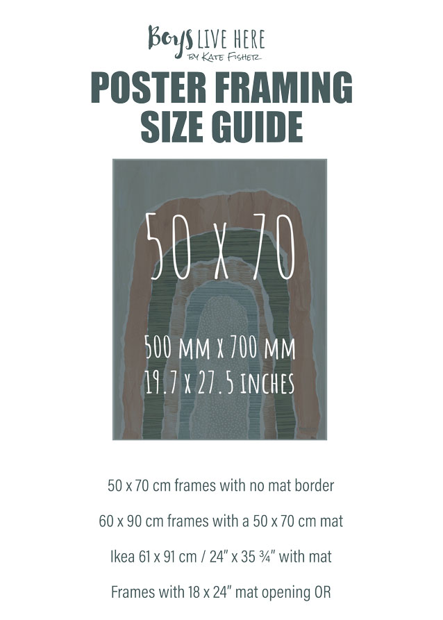 Poster Framing Size Guide for 50x70cm Size Poster showing measurements